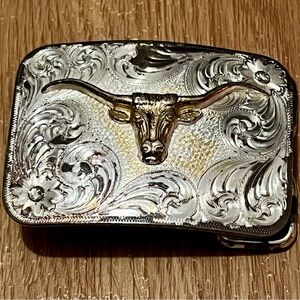 Vintage Belt Buckle Montana Silversmiths Engraved Silver Brass Western Bull Head